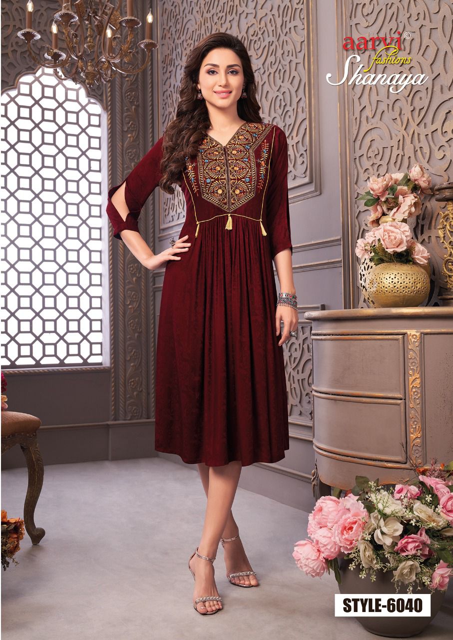Aarvi Shanaya 4 rayon Designer Fancy Wear Embroidery Kurti Collection